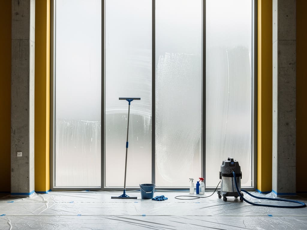 Pulizia di vetri post-cantiere con residui edilizi e attrezzatura professionale